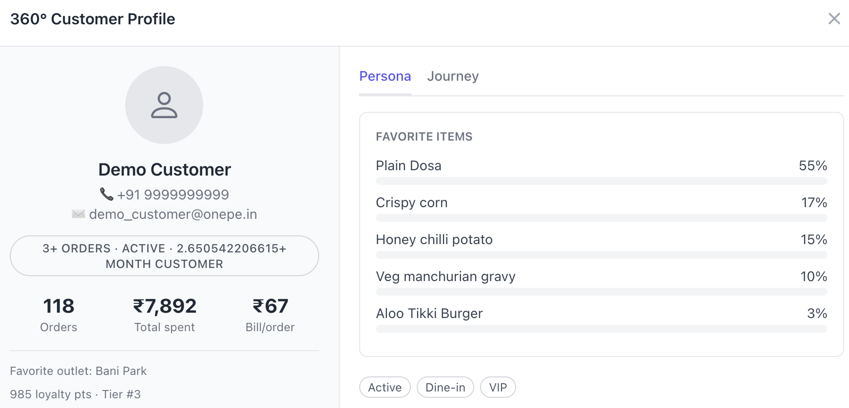 OnePe CRM 360 Customer Profile Modal
